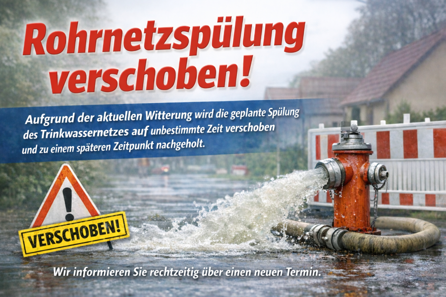 Hinweisgrafik: Rohrnetzspülung verschoben! Aufgrund der aktuellen Witterung wird die geplante Spülung des Trinkwassernetzes auf unbestimmte Zeit verschoben und zu einem späteren Zeitpunkt nachgeholt. Ein neuer Termin wird rechtzeitig bekannt gegeben.